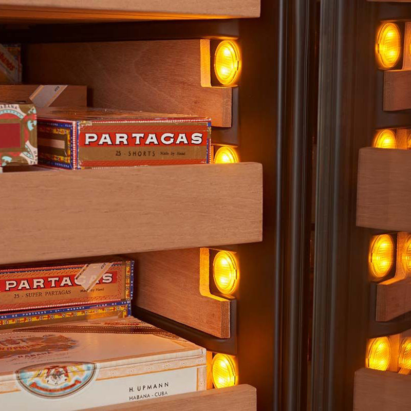 Swiss Cave Premium Humidor, 172cm, 2800 Cigars shelf close up with warm lighting