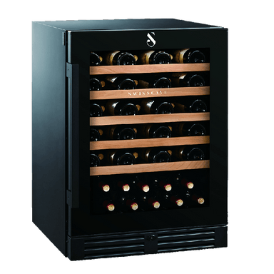 Swiss Cave Premium Single Zone Wine Cooler side view with bottles displayed. 