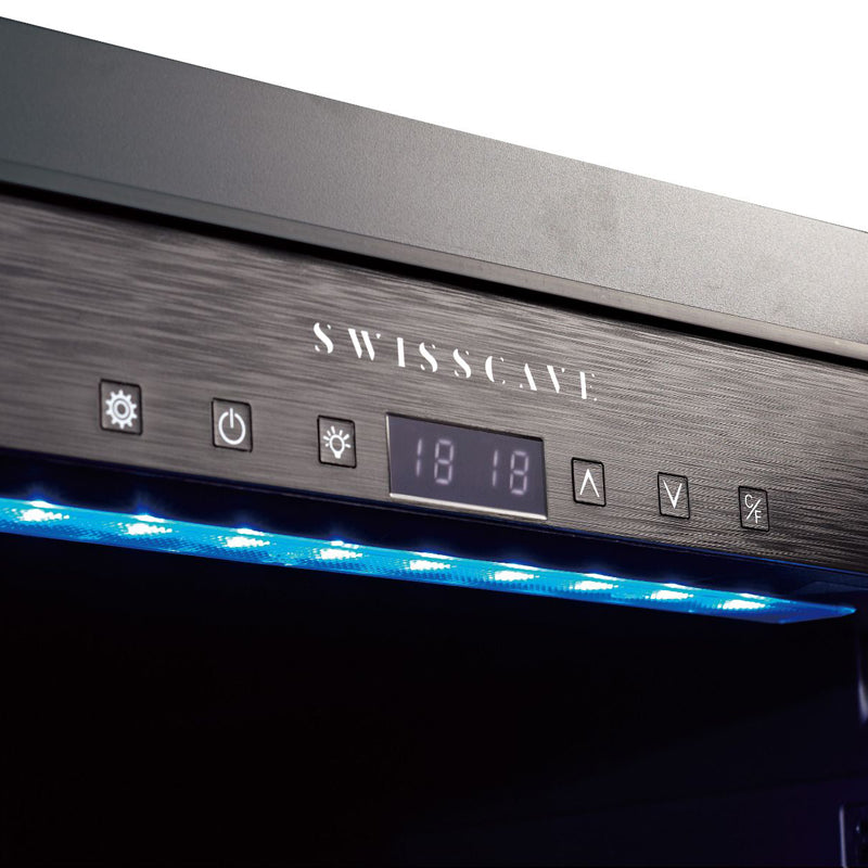 Swiss Cave Premium Single Zone Wine Cooler control panel close up, with adjustable lighting, this image shows blue lighting. Black frame. Logo displayed at the top.