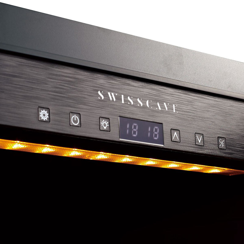 Swiss Cave Premium Single Zone Wine Cooler control panel close up, with adjustable lighting, this image shows warm lighting. Black frame. Logo displayed at the top.
