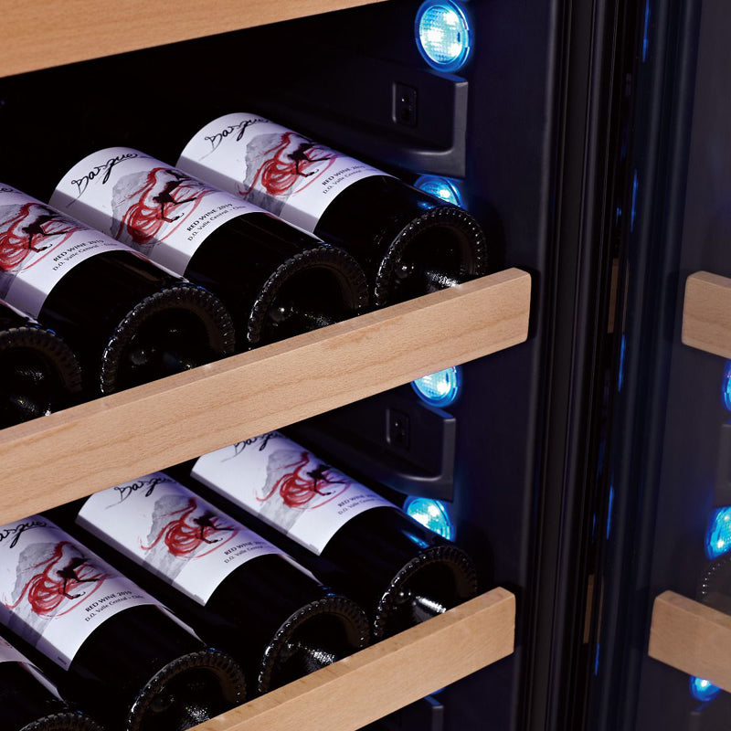 Swiss Cave Premium Single Zone Wine Cooler close up of inside of fridge with flat shelving system. This image is showcasing the blue light option, which creates a cool look.