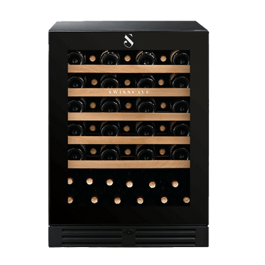 Swiss Cave Premium Single Zone Wine Cooler front view with bottles displayed. 