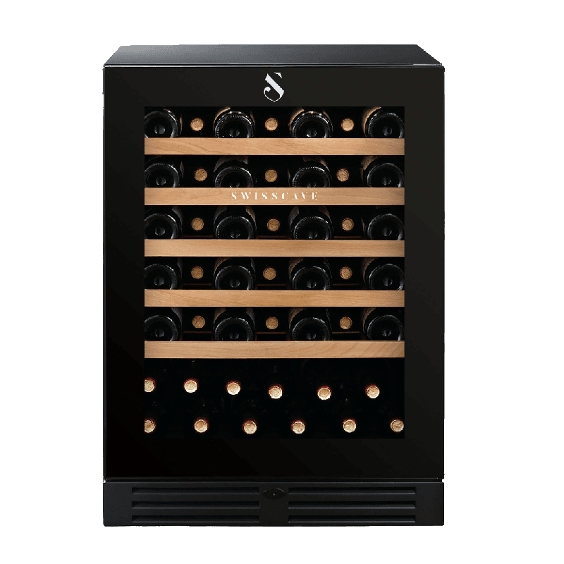 Swiss Cave Premium Single Zone Wine Cooler front view with bottles displayed. 