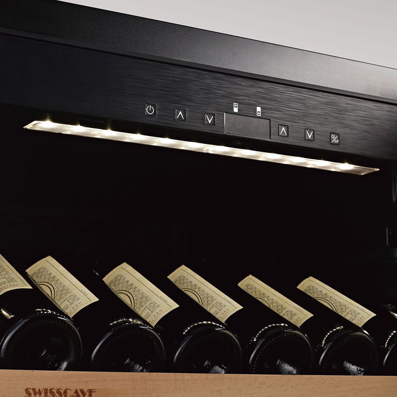 Swiss Cave Premium Single Zone Wine Cooler in Black, 172cm, 163-175 Mixed Bottles Top Display Shelf with control panel and soft white lighting.