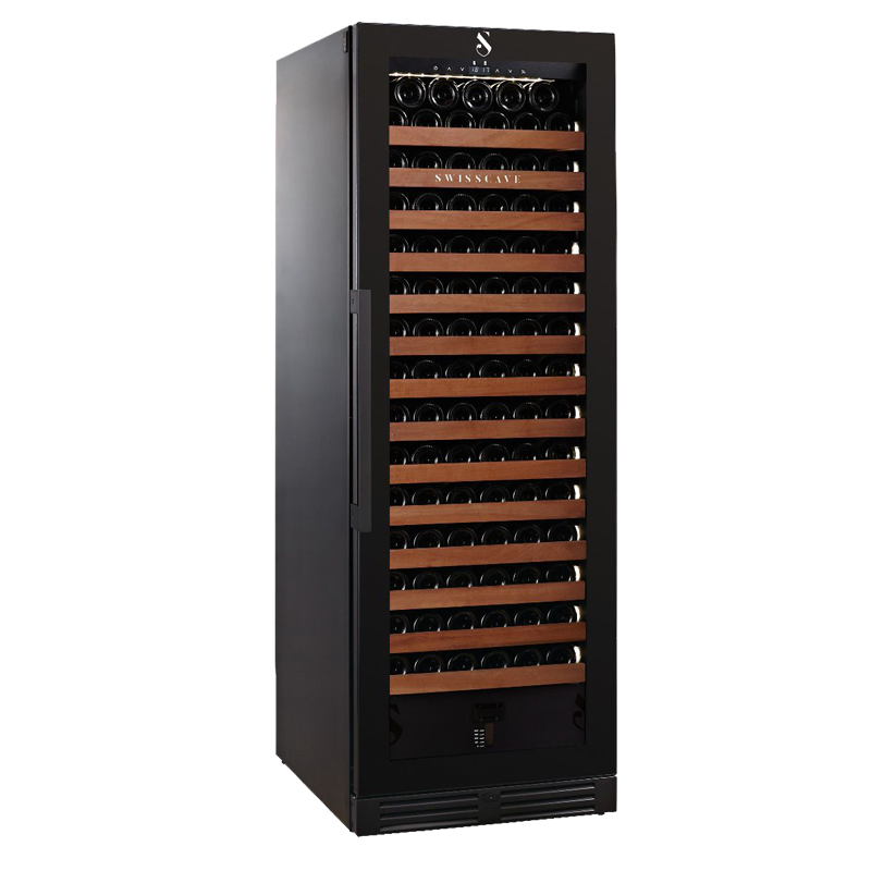 Swiss Cave Premium Single Zone Wine Cooler in Black, 172cm, 163-200 Mixed Bottles Side Angled View