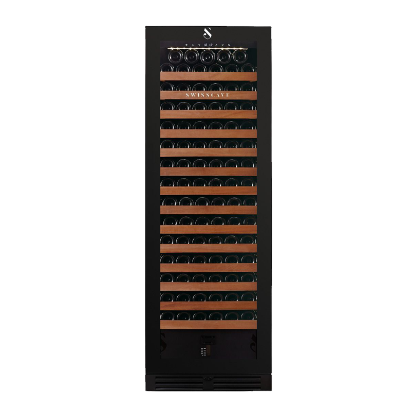 Swiss Cave Premium Single Zone Wine Cooler in Black, 172cm, 163-200 Mixed Bottles Front View