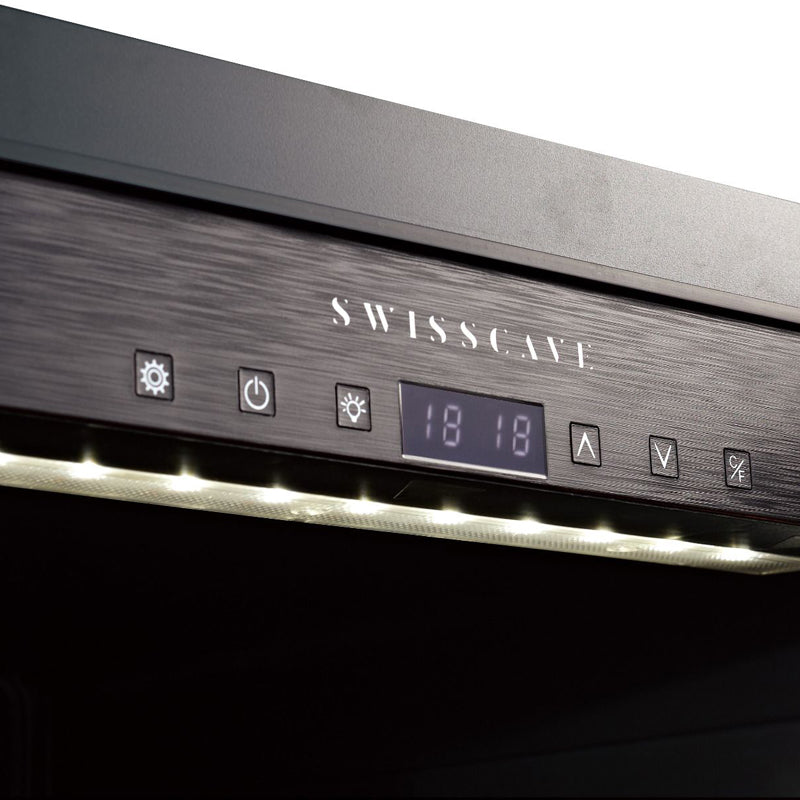 Swiss Cave Premium Single Zone Wine Cooler control panel close up, with adjustable lighting, this image shows white lighting. Black frame. Logo displayed at the top.